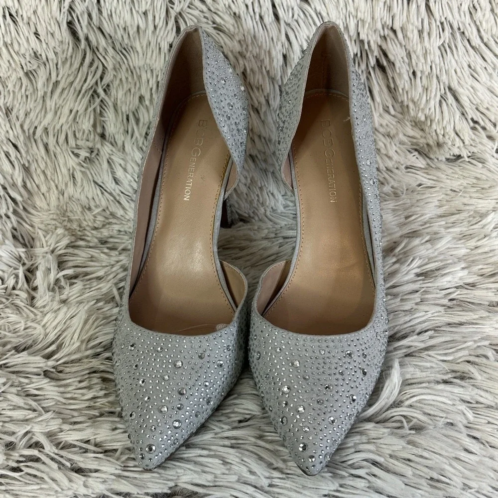 BCBG‎ Generation Silver Rhinestone Glitter D'orsay Stiletto Pointed Toe Sz 7.5